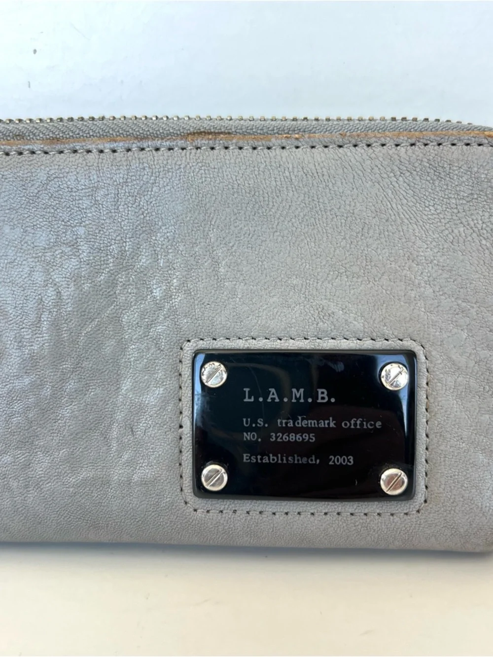 L.A.M.B. Gwen Stefani Gray Smooth Leather Black Logo Full Zipper Around Wallet